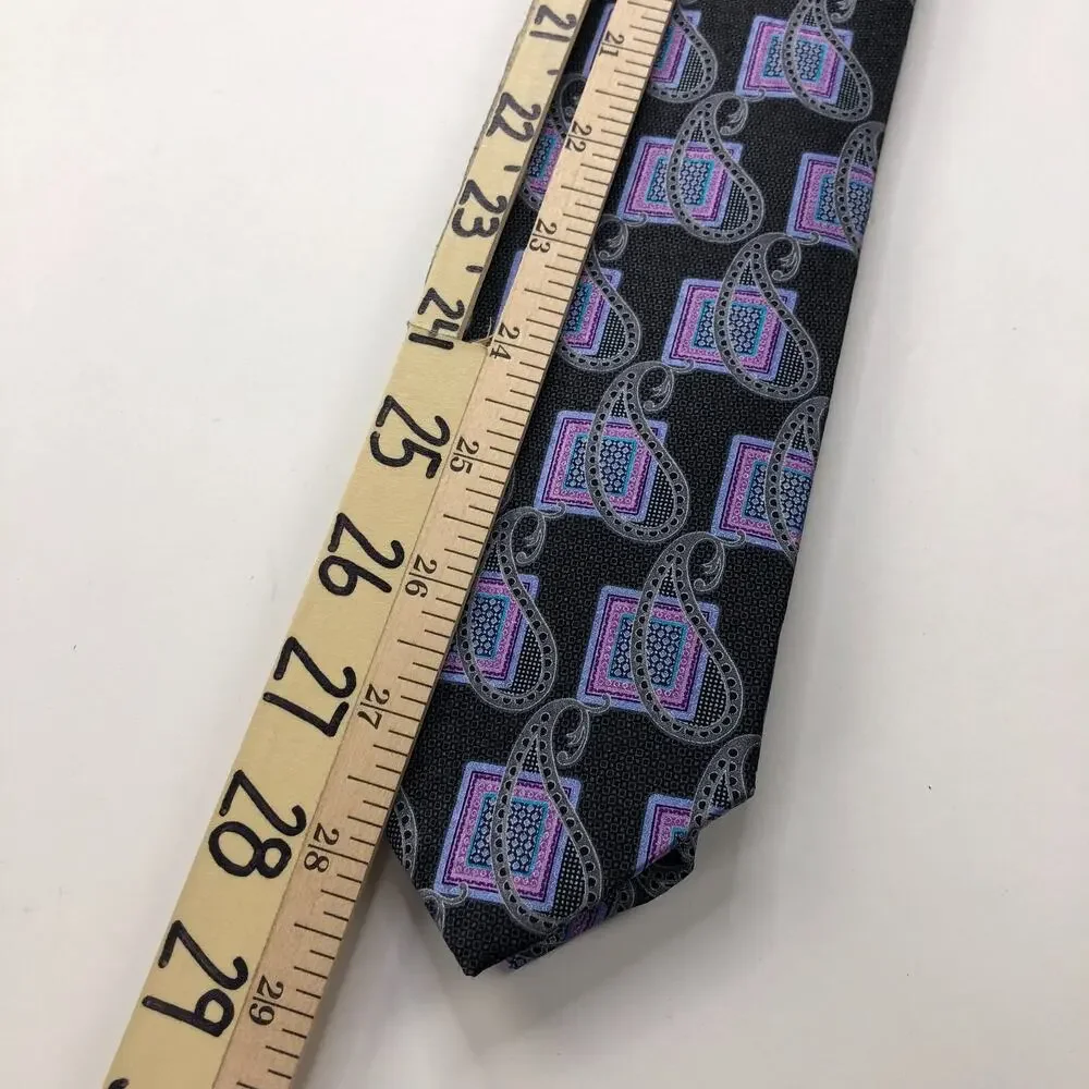 JZ Richards 100% Silk Neck Tie Men’s Geometric Paisley Black Purple 57-in X 3